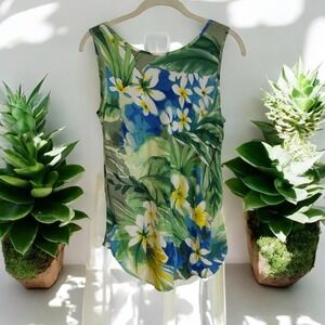 Jams World Tank Top Small Hawaiian Floral‎ Blue Green Sleeveless Vacation